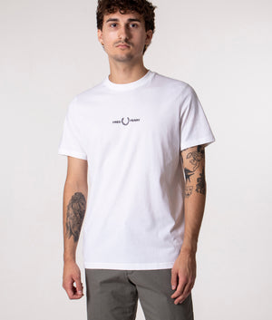 Fred Perry Embroidered T-Shirt in White at EQVVS. Front Shot. 