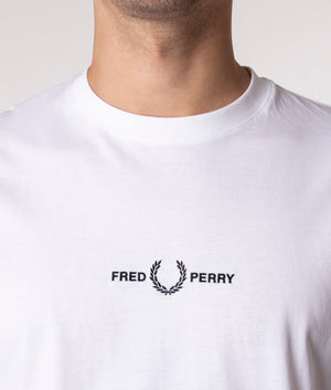 Fred Perry Embroidered T-Shirt in White at EQVVS. Detail Shot. 