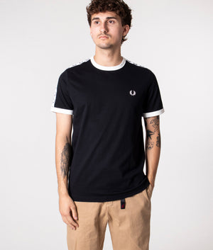 Fred Perry Taped Ringer T-Shirt in Black at EQVVS. Front Shot. 