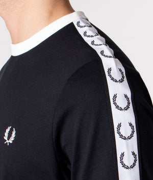 Fred Perry Taped Ringer T-Shirt in Black at EQVVS. Detail Shot. 