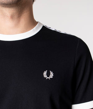 Fred Perry Taped Ringer T-Shirt in Black at EQVVS. Detail Shot. 