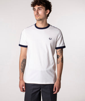 Fred Perry Taped Ringer T-Shirt in White at EQVVS. Front Shot. 