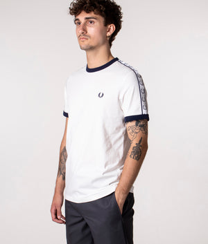 Fred Perry Taped Ringer T-Shirt in White at EQVVS. Angle Shot. 
