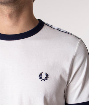 Fred Perry Taped Ringer T-Shirt in White at EQVVS. Detail Shot. 