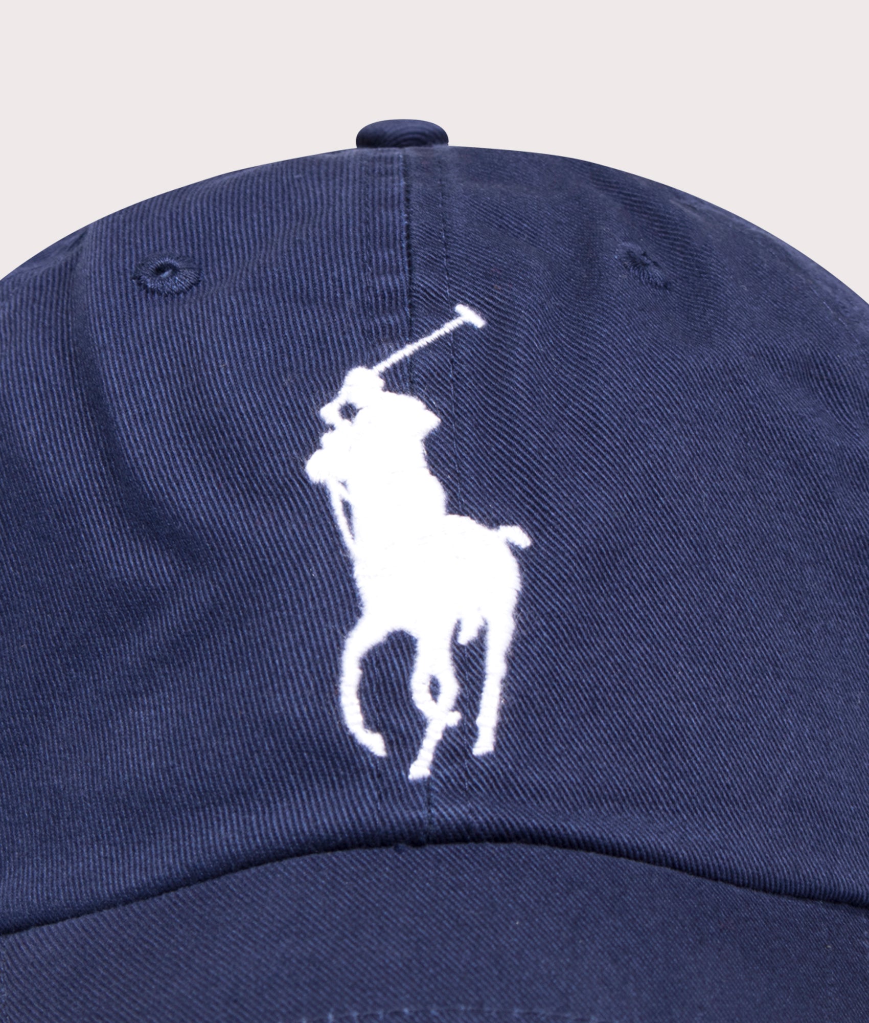 Polo Ralph Lauren Big Pony Chino Baseball Cap in Newport Navy at EQVVS Menswear. Detail shot.