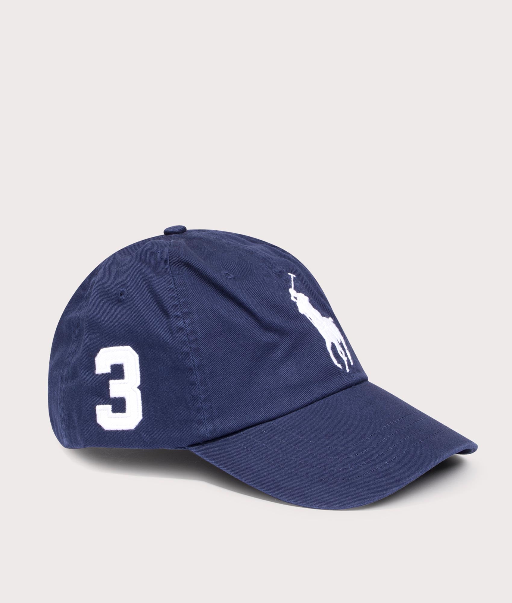 Polo Ralph Lauren Big Pony Chino Baseball Cap in Newport Navy at EQVVS Menswear. Angled front shot.