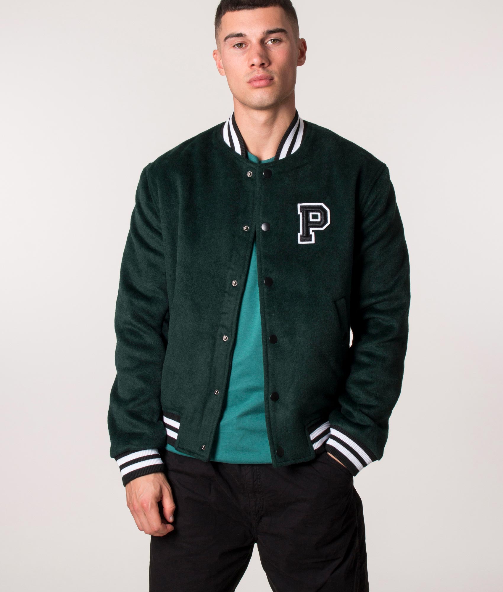 Parlez Relaxed Fit Bay Bomber College Jacket in Green, EQVVS. 