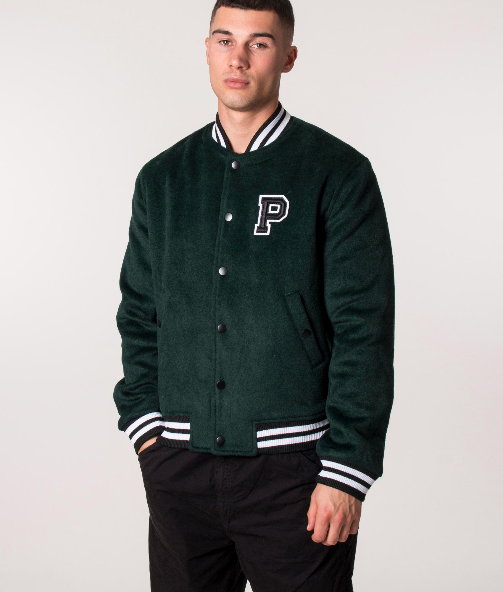 Parlez Relaxed Fit Bay Bomber College Jacket in Green, EQVVS.