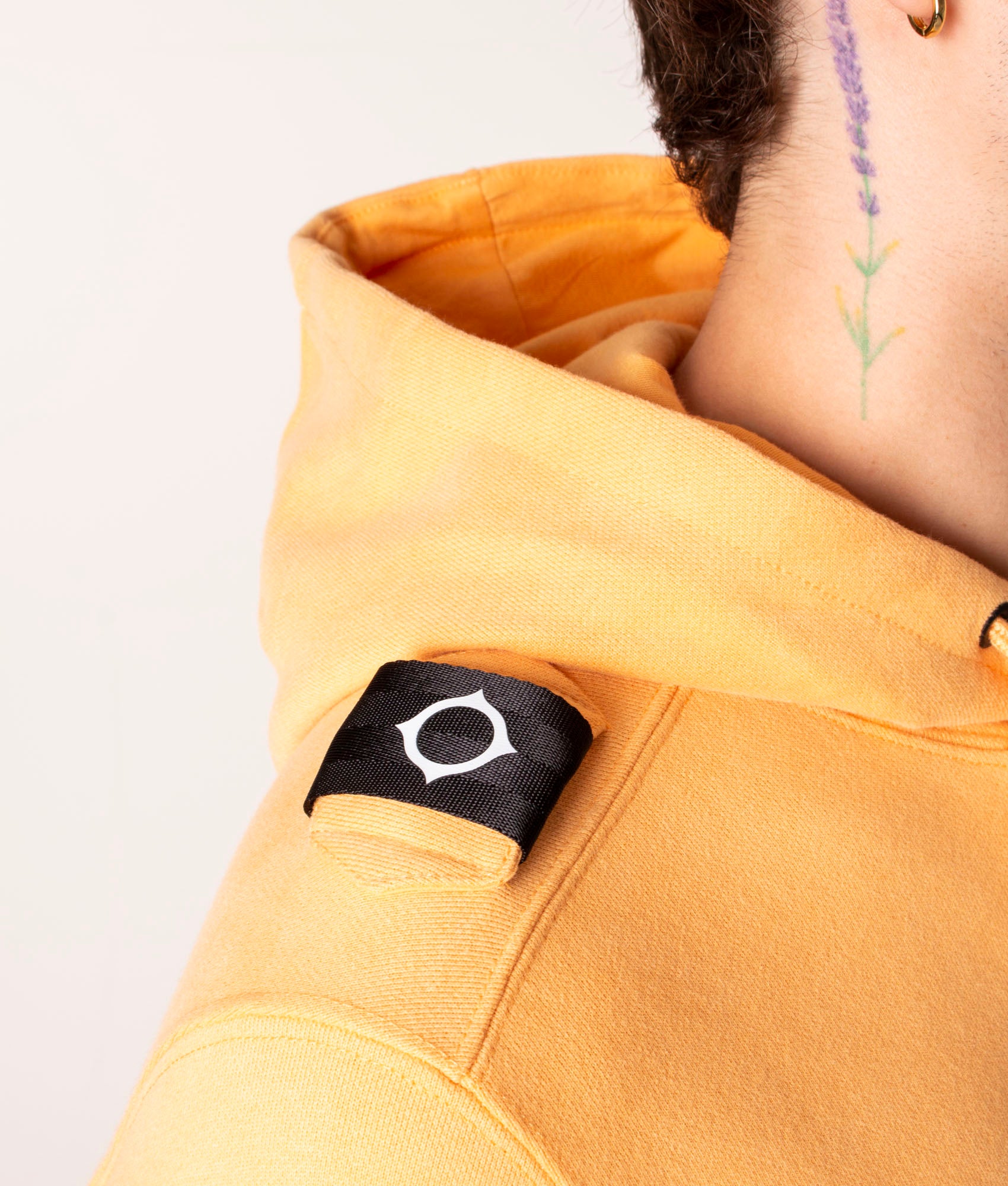 Core Overhead Hoodie in M803 Fiesta, Ma.Strum, EQVVS, Shoulder Detail Model