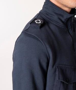 Funnel Neck Sweatshirt in M428 Ink Navy, Ma.Strum, EQVVS, Model shoulder detail