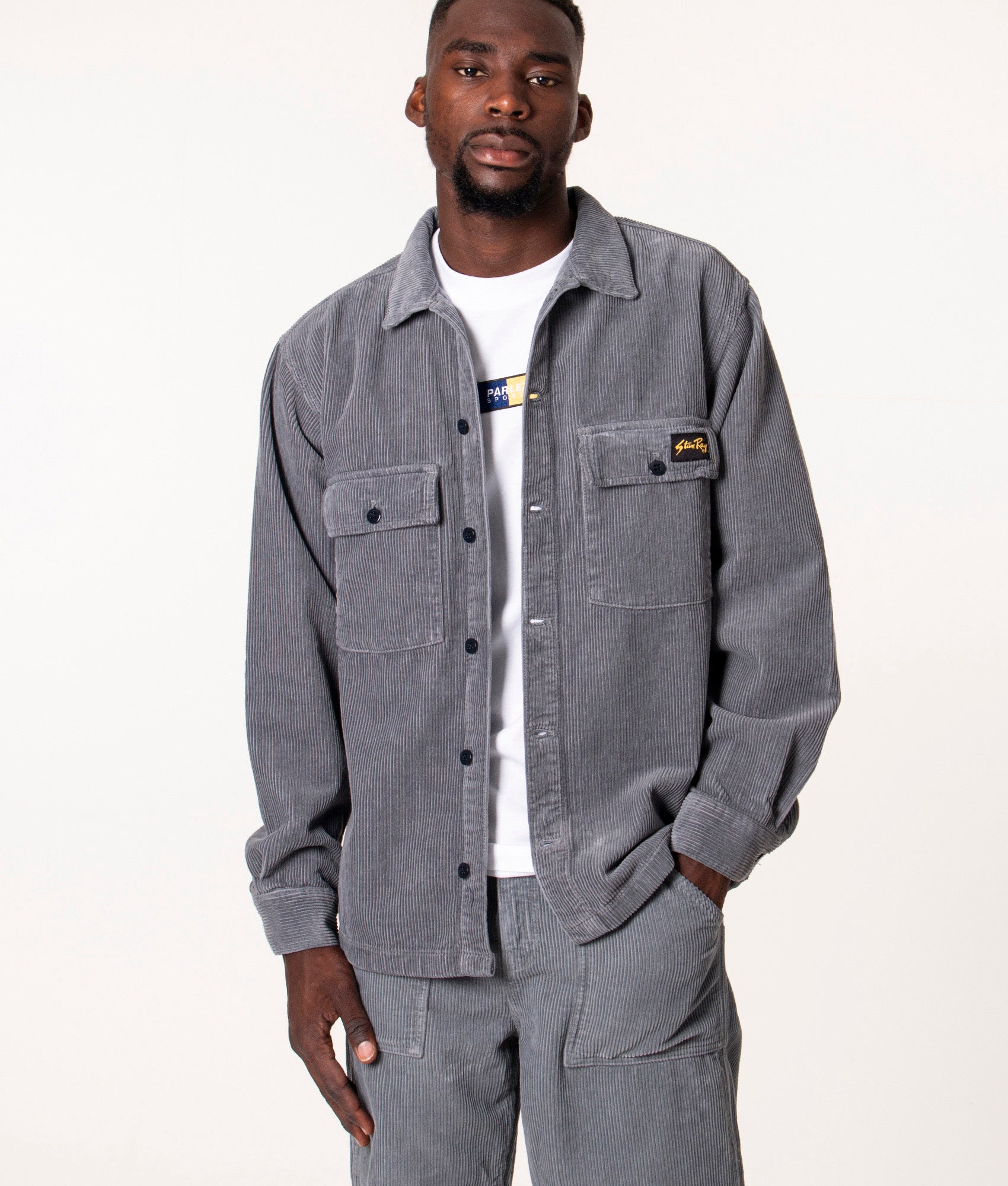 Stan Ray CPO Overshirt in Battle Grey at EQVVS. Front Shot. 