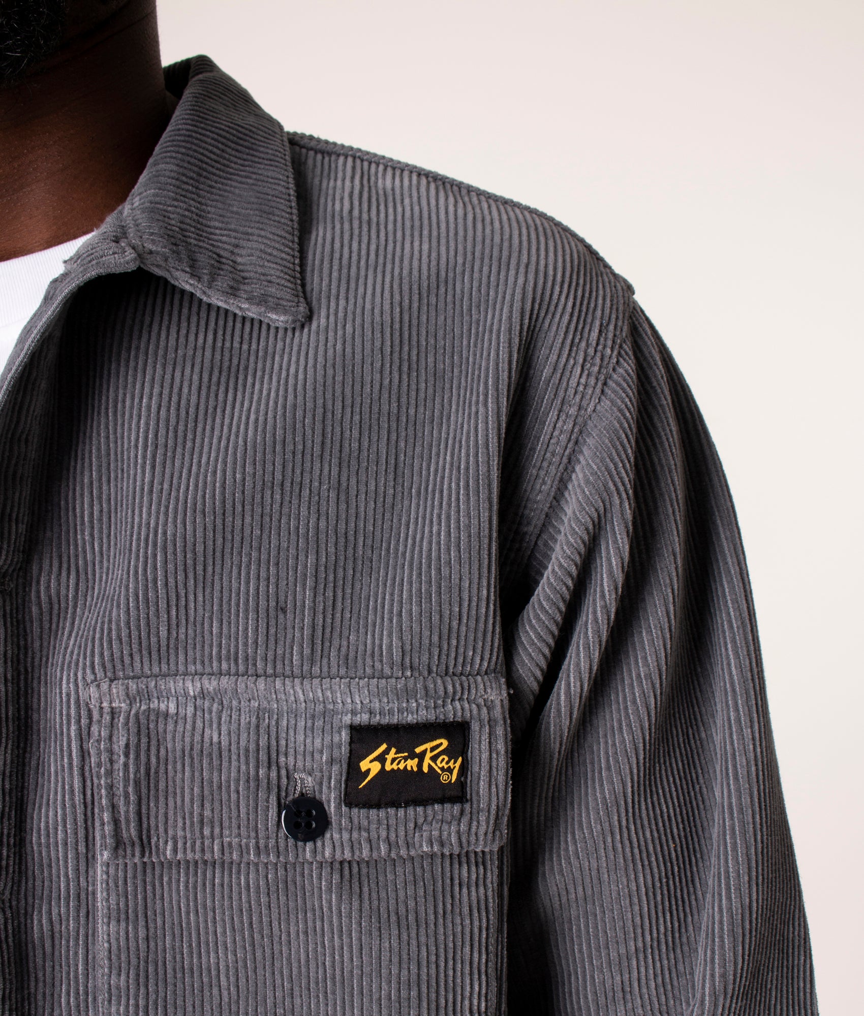 Stan Ray CPO Overshirt in Battle Grey at EQVVS. Detail Shot. 