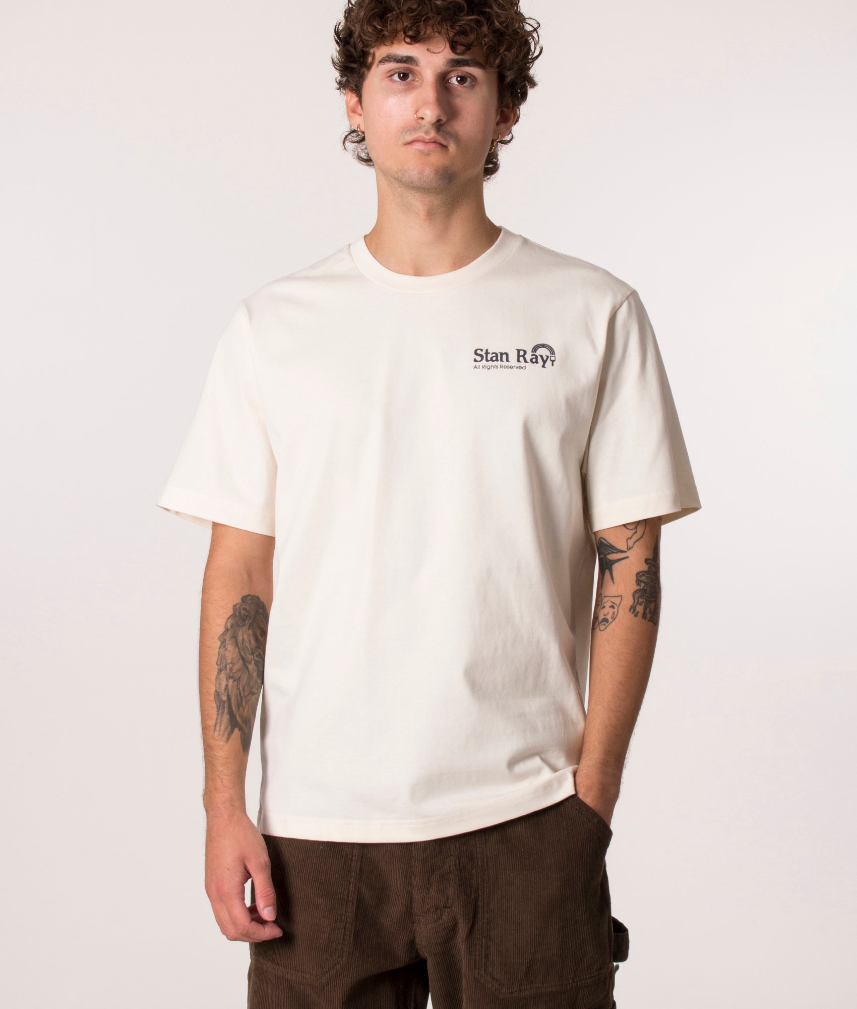 Stan Ray Dreamworks T-Shirt in Ecru at EQVVS. Model front 