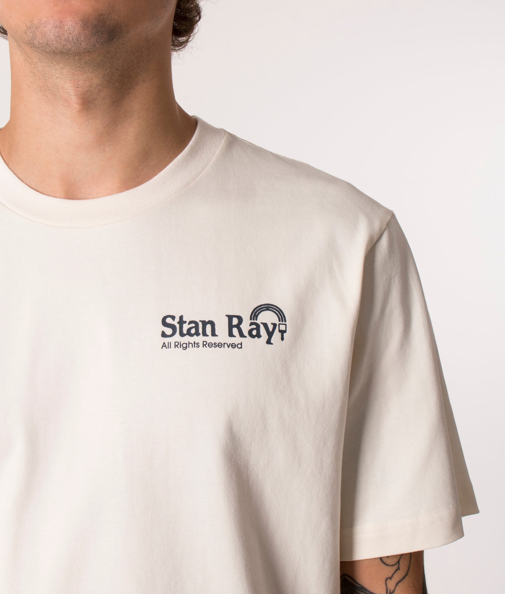 Stan Ray Dreamworks T-Shirt in Ecru at EQVVS. Model detail 