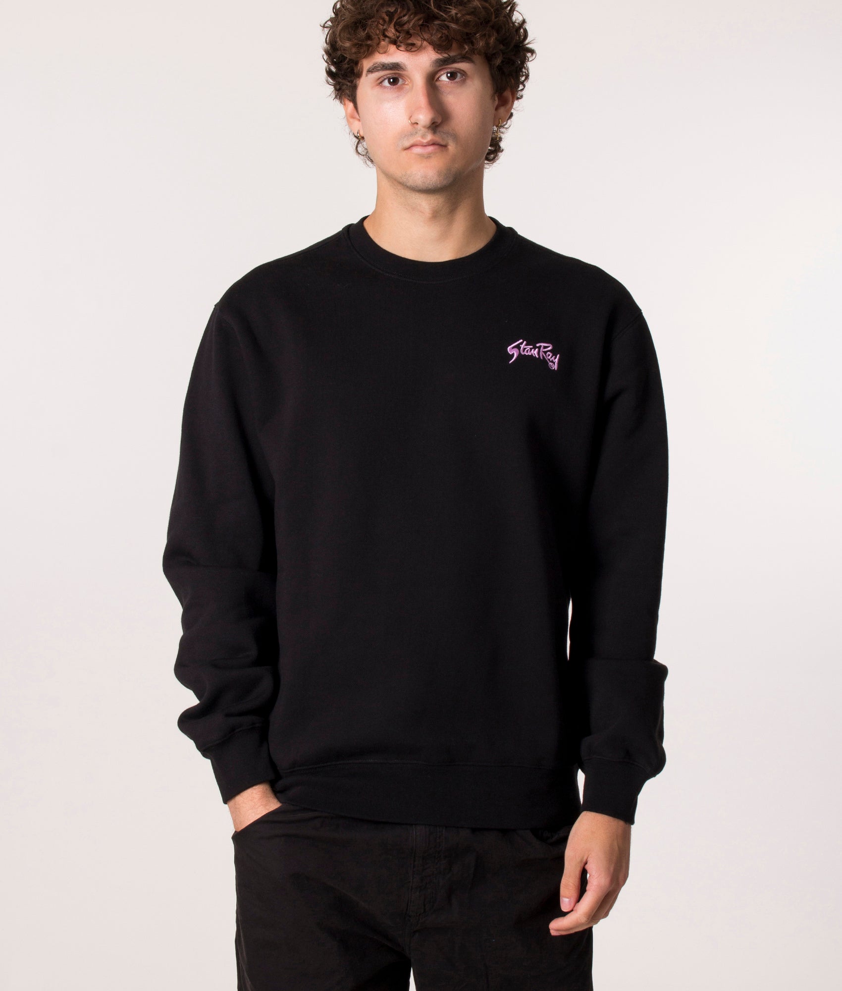 Stay Ray OG Crew Sweatshirt in Black at EQVVS. Model front 