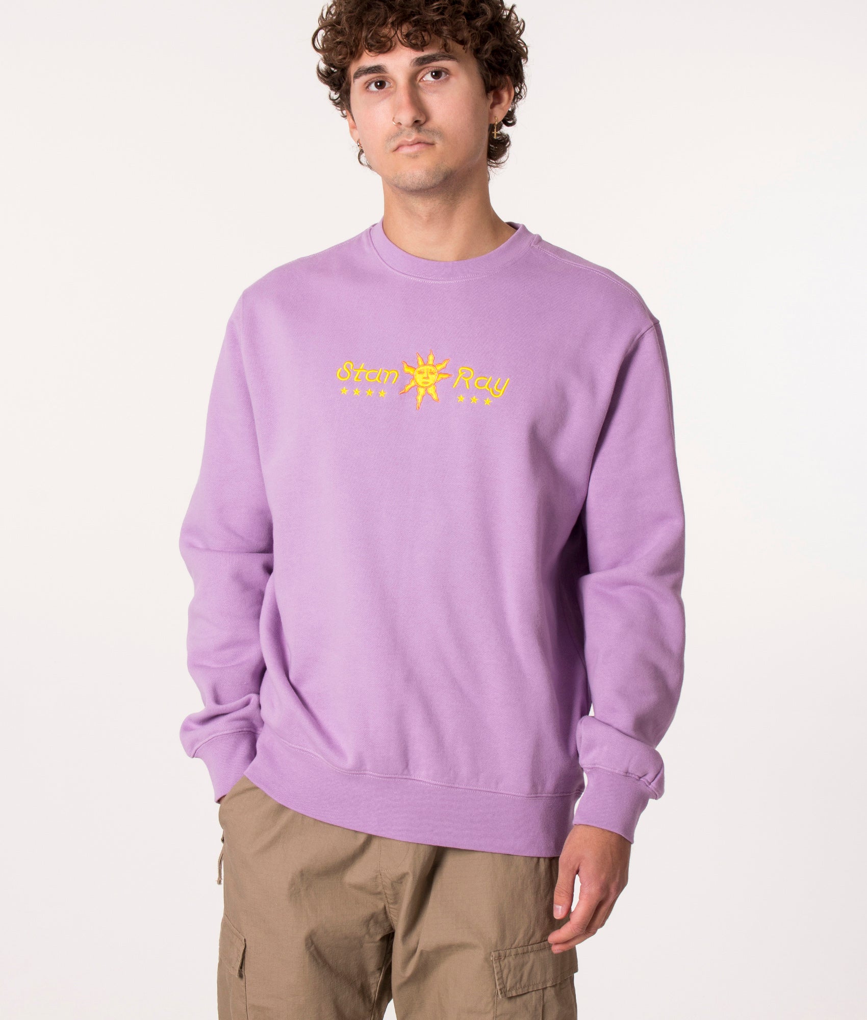 Stan Ray Sun Ray Sweatshirt in mauve at EQVVS. Model front 