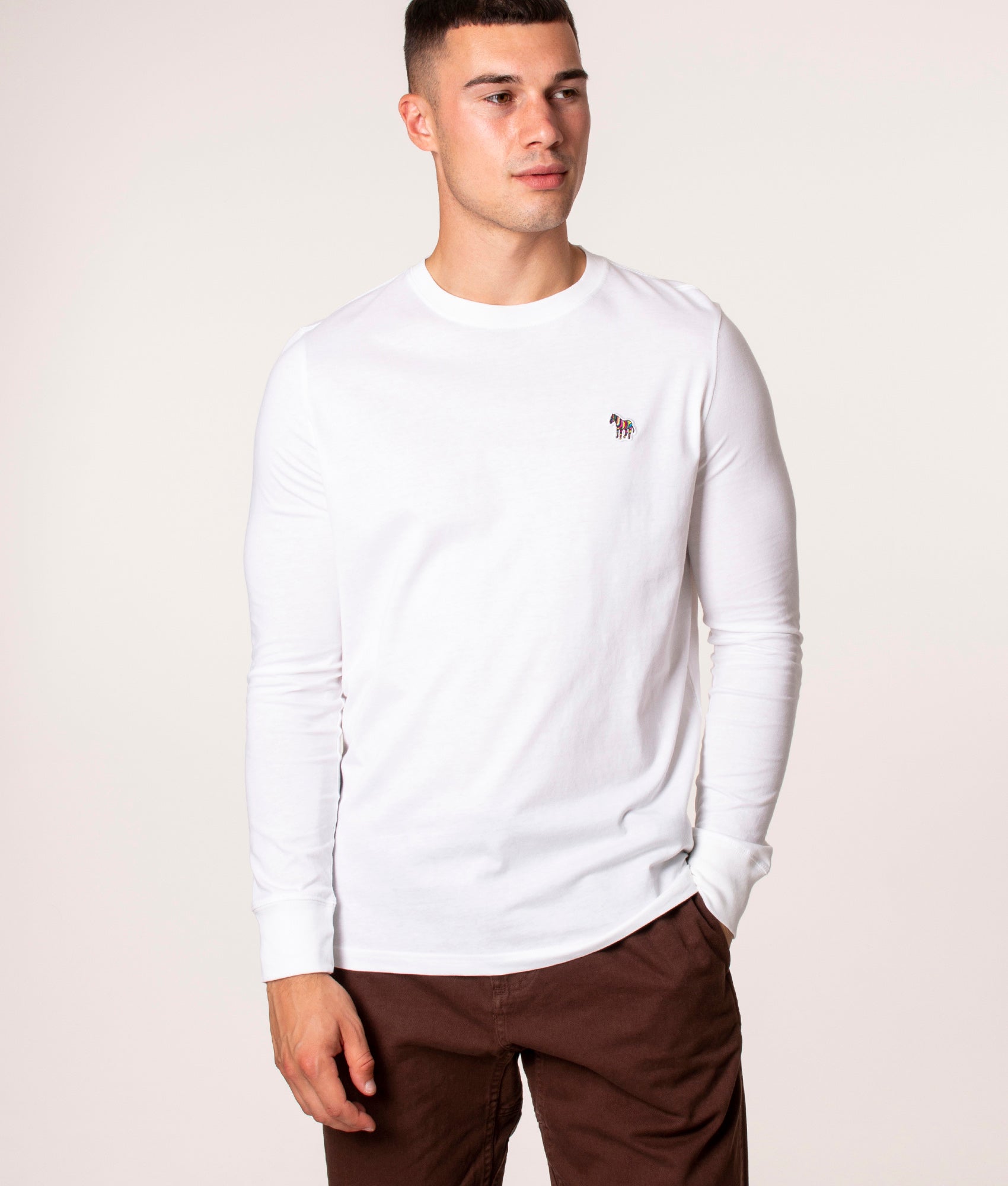 PS Paul Smith Long Sleeve Zebra Logo T-Shirt in White at EQVVS. Model, front.