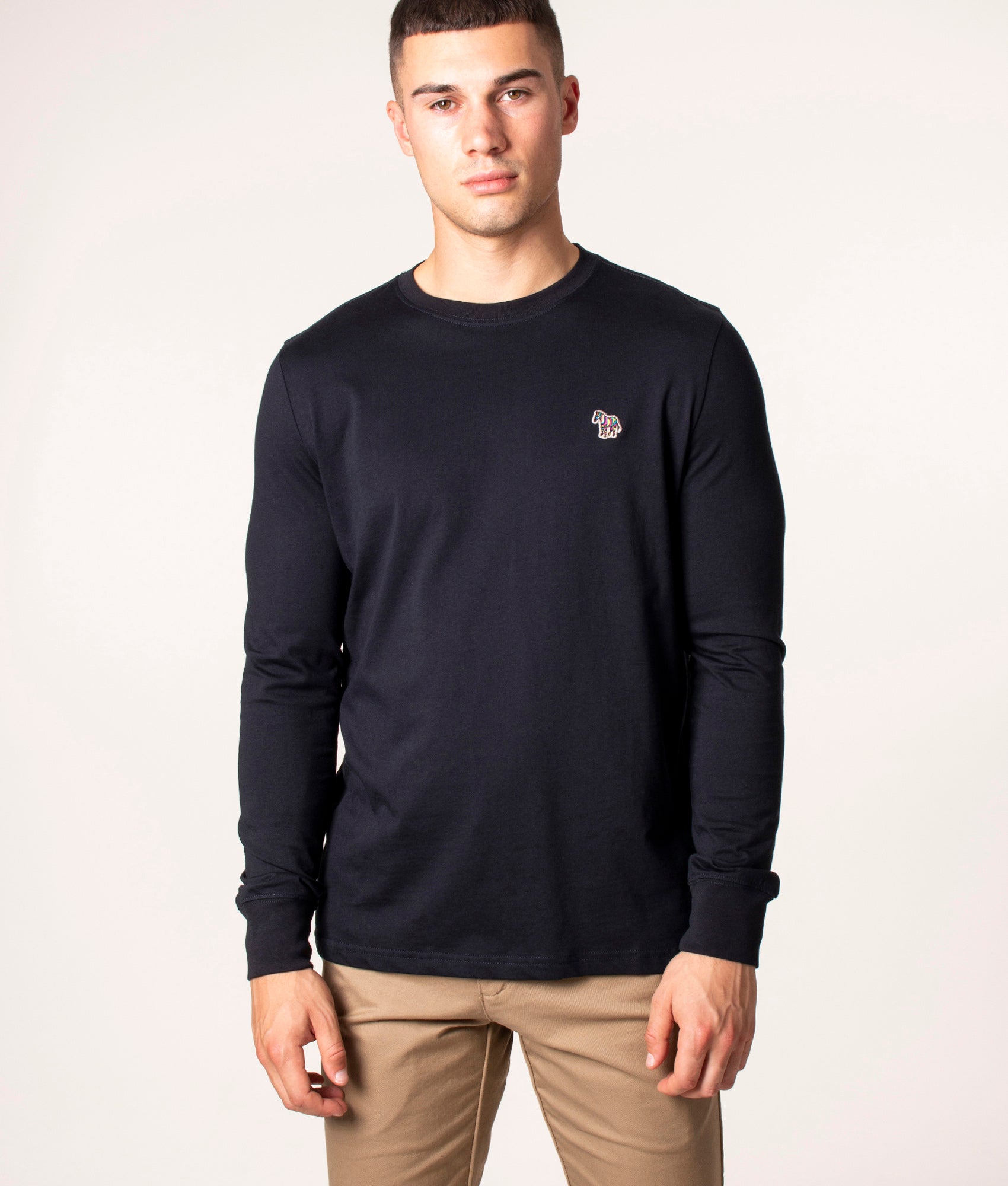 PS Paul Smith Long Sleeve Zebra T-Shirt in Navy at EQVVS. Model, front. 