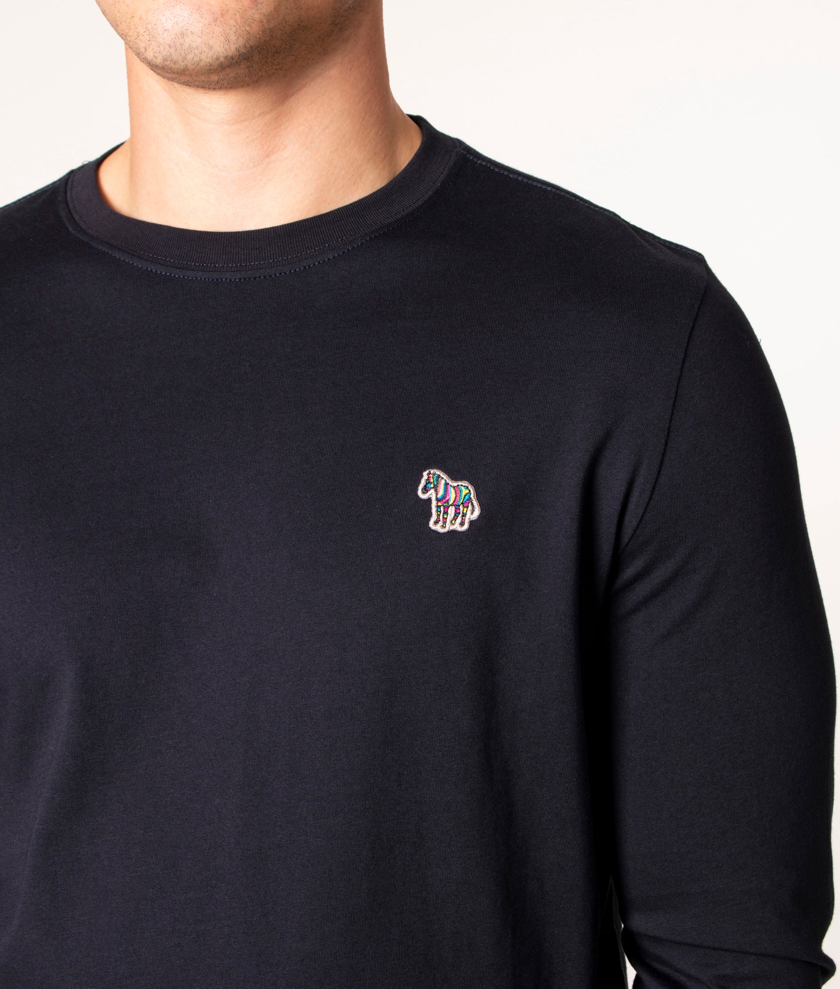 PS Paul Smith Long Sleeve Zebra T-Shirt in Navy at EQVVS. Model, detail.