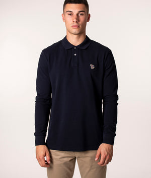 PS Paul Smith Long Sleeved Polo Shirt in Navy at EQVVS. Model, front. 