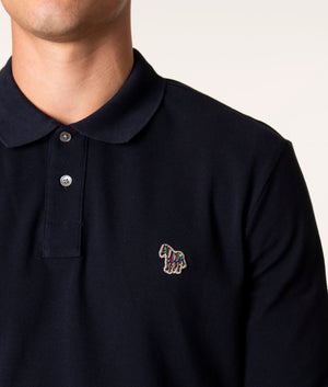PS Paul Smith Long Sleeved Polo Shirt in Navy at EQVVS. Model, detail.