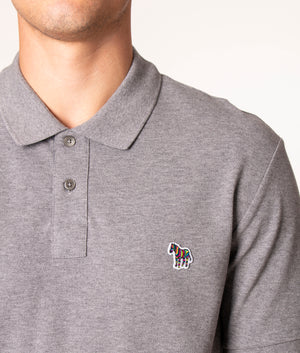 PS Paul Smith Zebra Polo Shirt in Grey at EQVVS. Model, detail. 