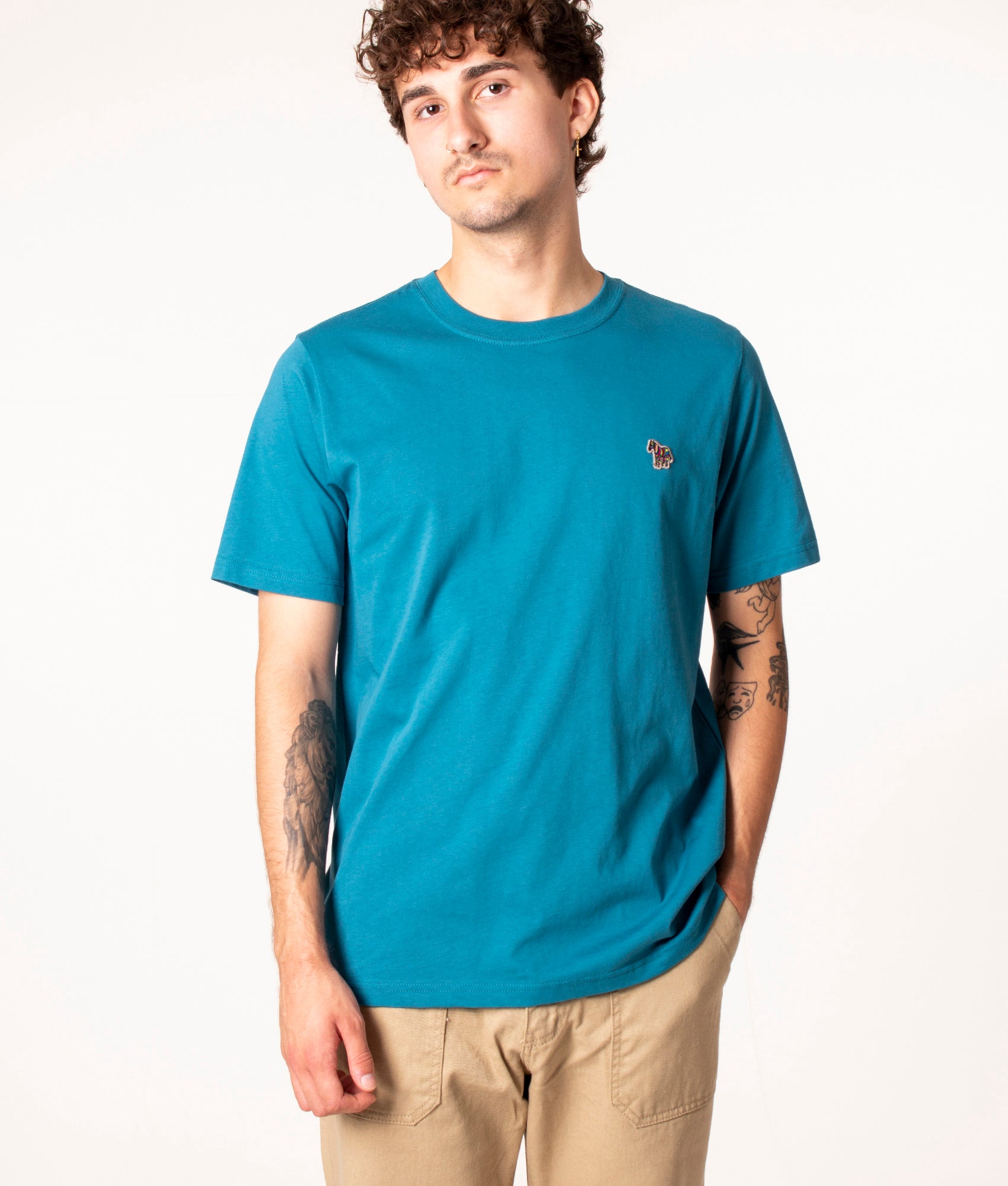 Zebra Badge T-Shirt in 44F Petrol Blue, PS Paul Smith, EQVVS, Front Model