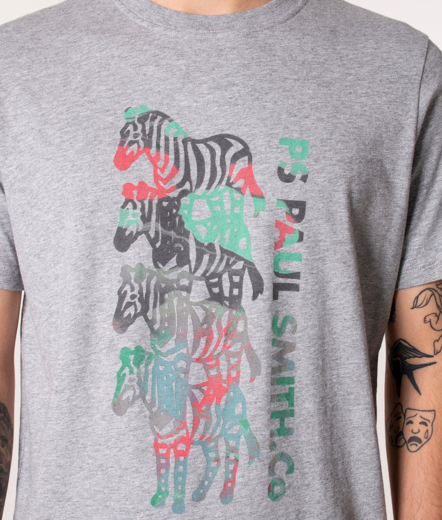 PS Paul Smith Four Zebras T-Shirt in 72 Grey Melange at EQVVS, Model Front detail