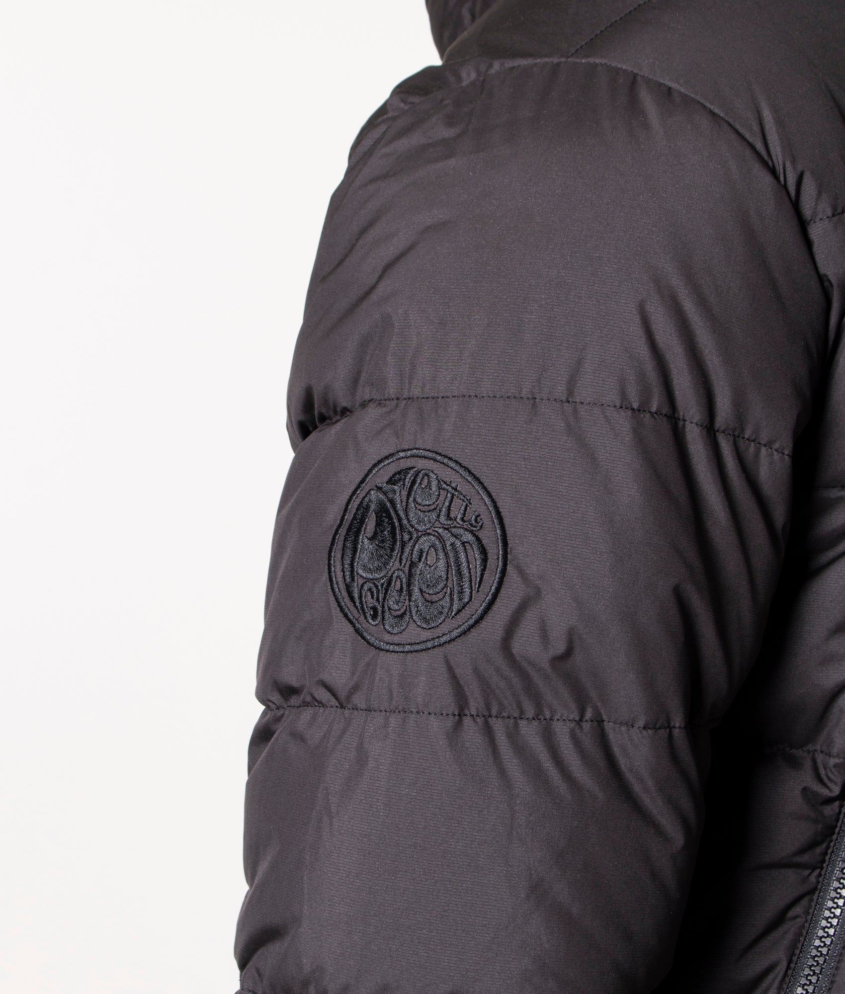 Pretty Green Cyclone Quilted Jacket in Black at EQVVS, Model arm detail