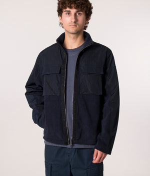 Belstaff Halstead Fleece in Navy at EQVVS. Model front
