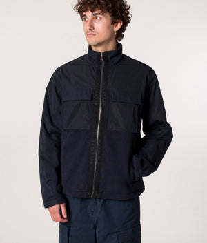 Belstaff Halstead Fleece in Navy at EQVVS. Model front 2