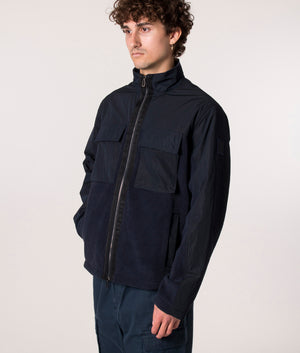 Belstaff Halstead Fleece in Navy at EQVVS. Model angle 