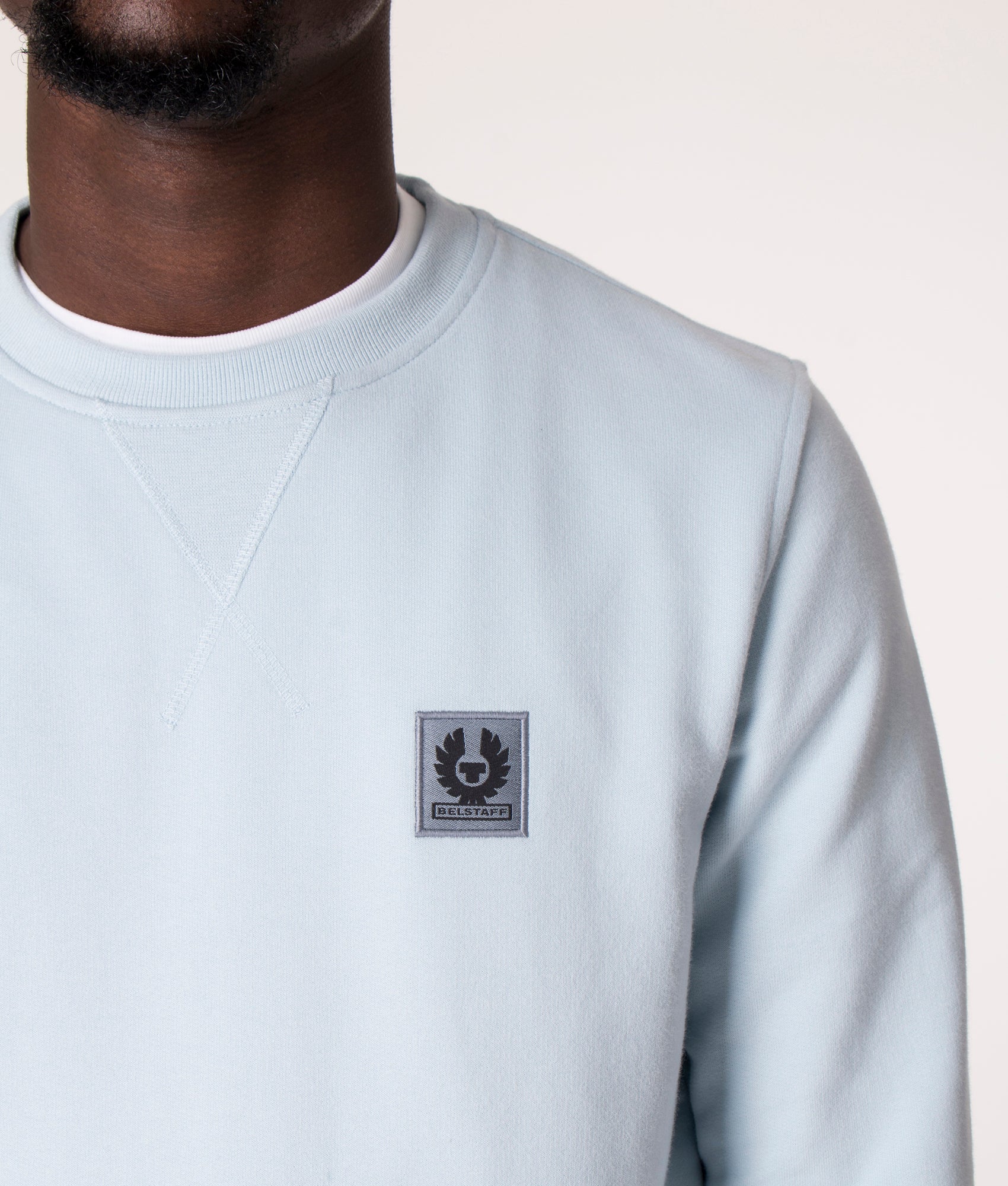Belstaff Sweatshirt in Sky Blue at EQVVS Menswear. Detail shot.