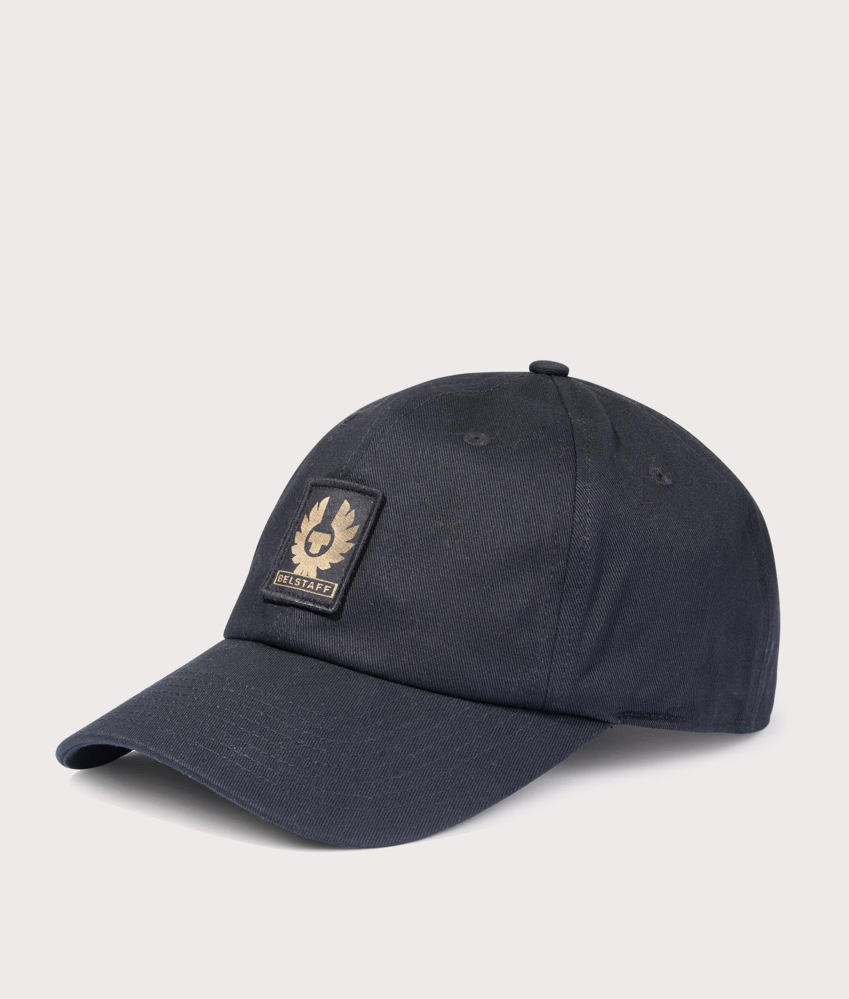 Belstaff Phoenix Logo Cap in Black at EQVVS Menswear. Angled front shot.