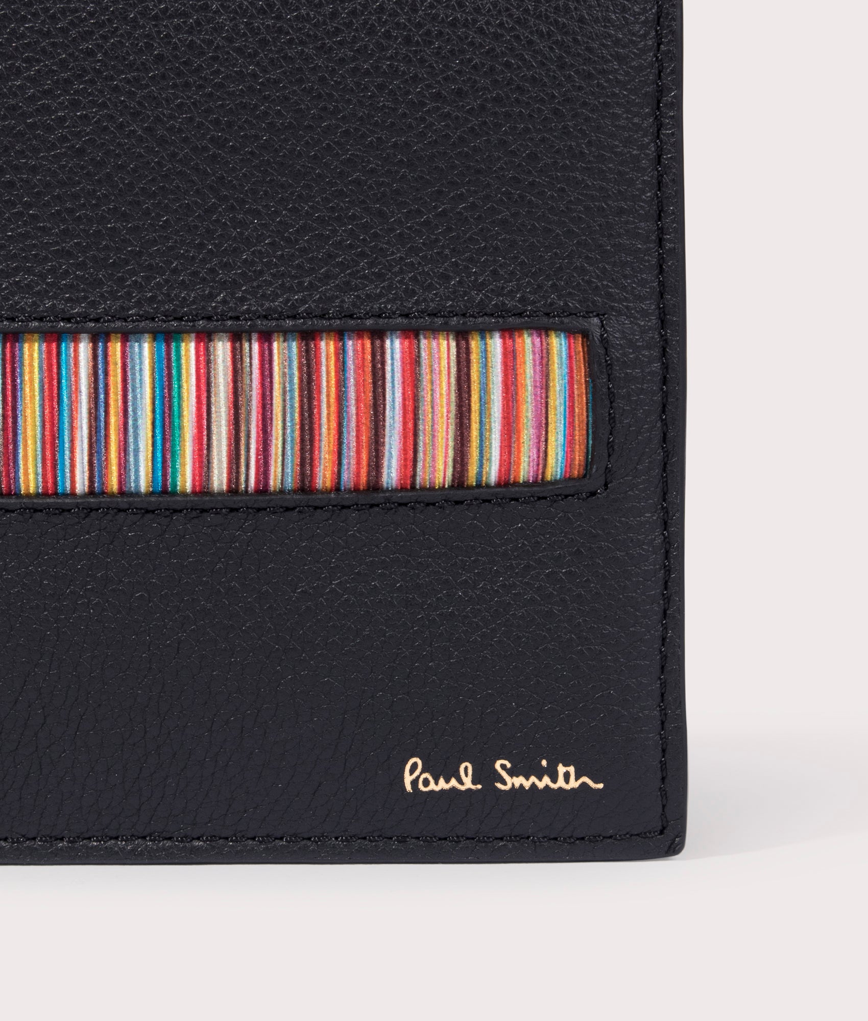 Signature Stripe insert Billfold Wallet in Black by PS Paul Smith at EQVVS close up detail image