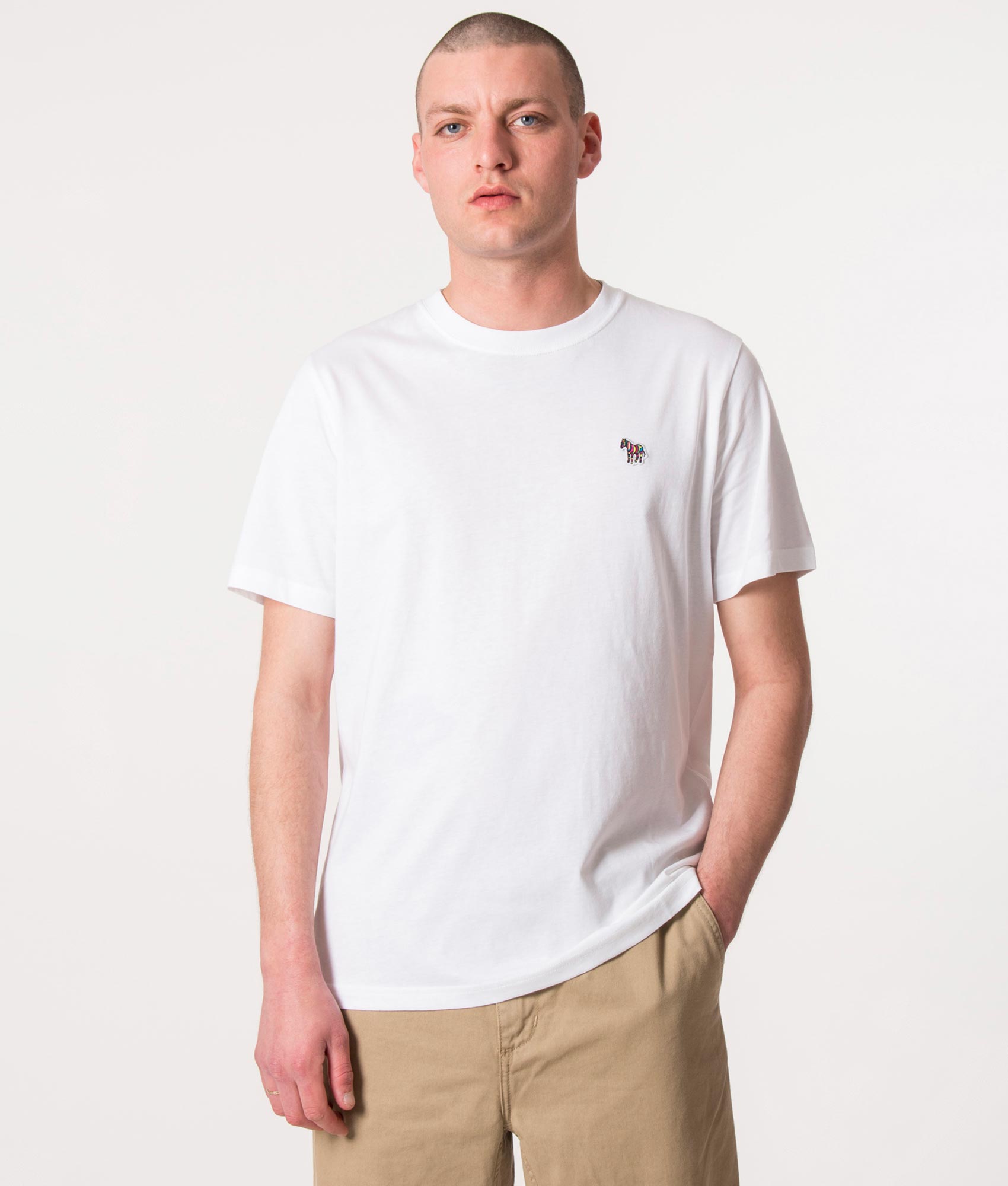 PS Paul Smith Zebra Logo T-Shirt in White at EQVVS Menswear. Model front shot.