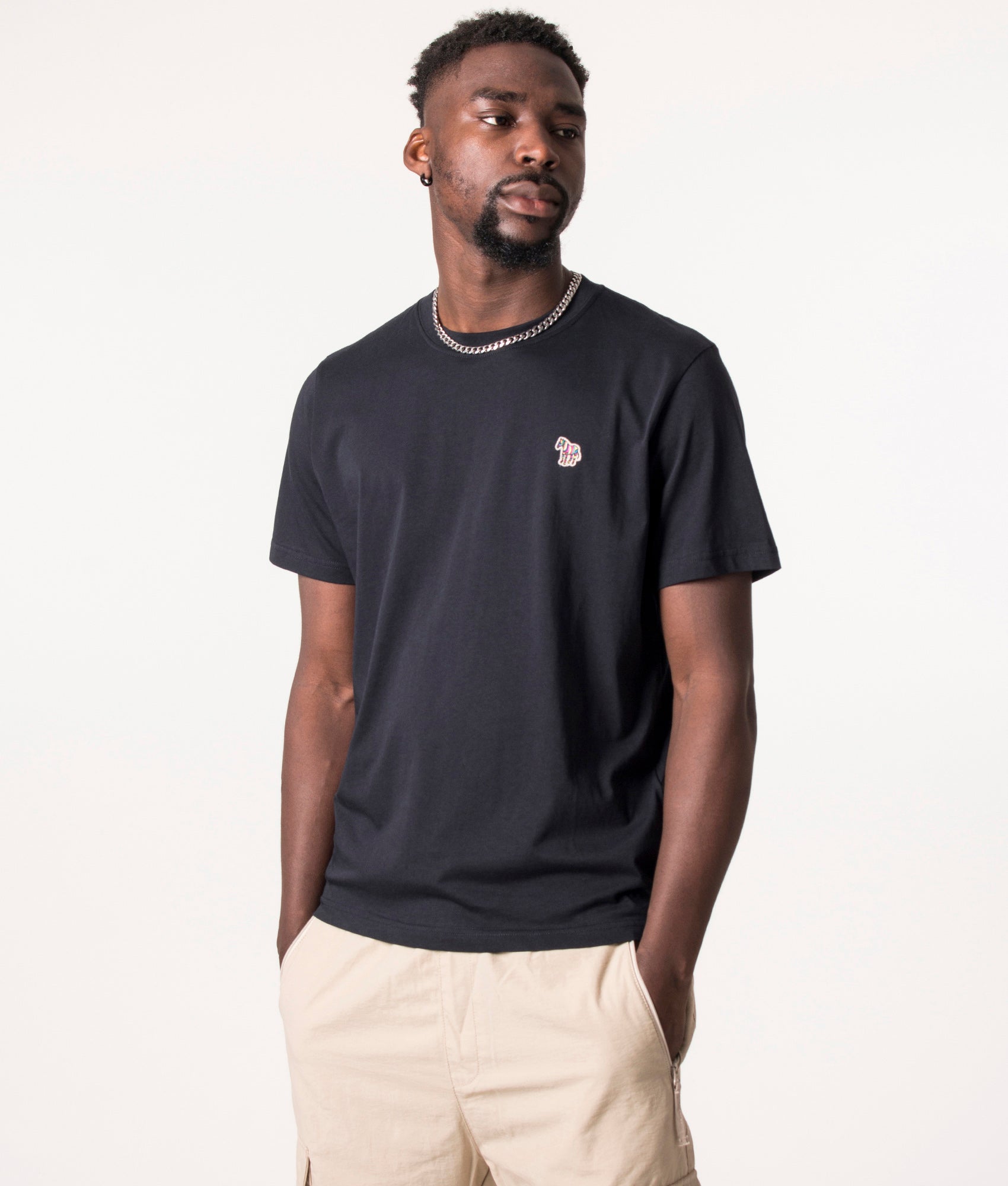 PS Paul Smith Zebra Logo T-Shirt in Very Dark Navy at EQVVS Menswear. Model front shot.