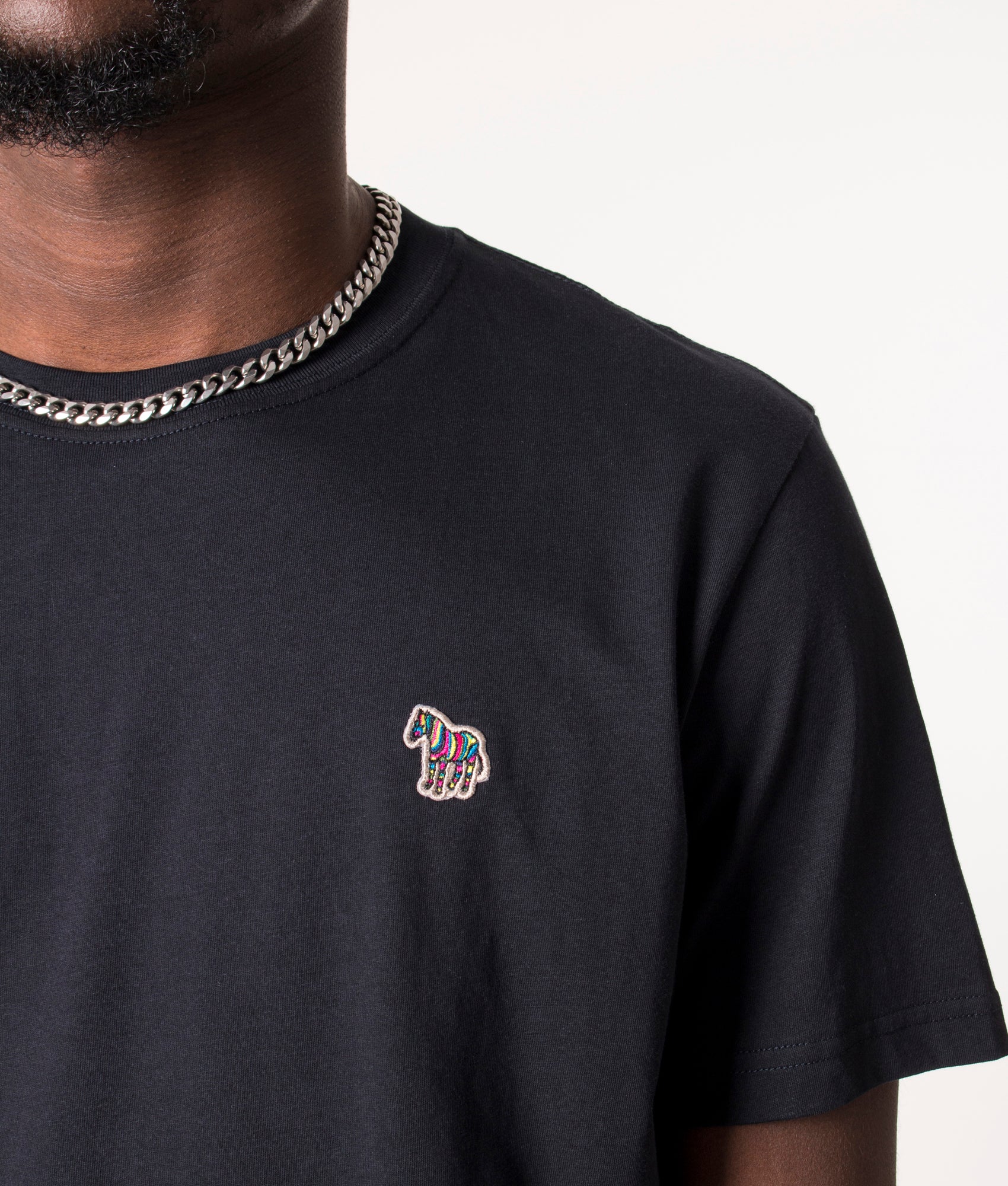 PS Paul Smith Zebra Logo T-Shirt in Very Dark Navy at EQVVS Menswear. Detail shot.