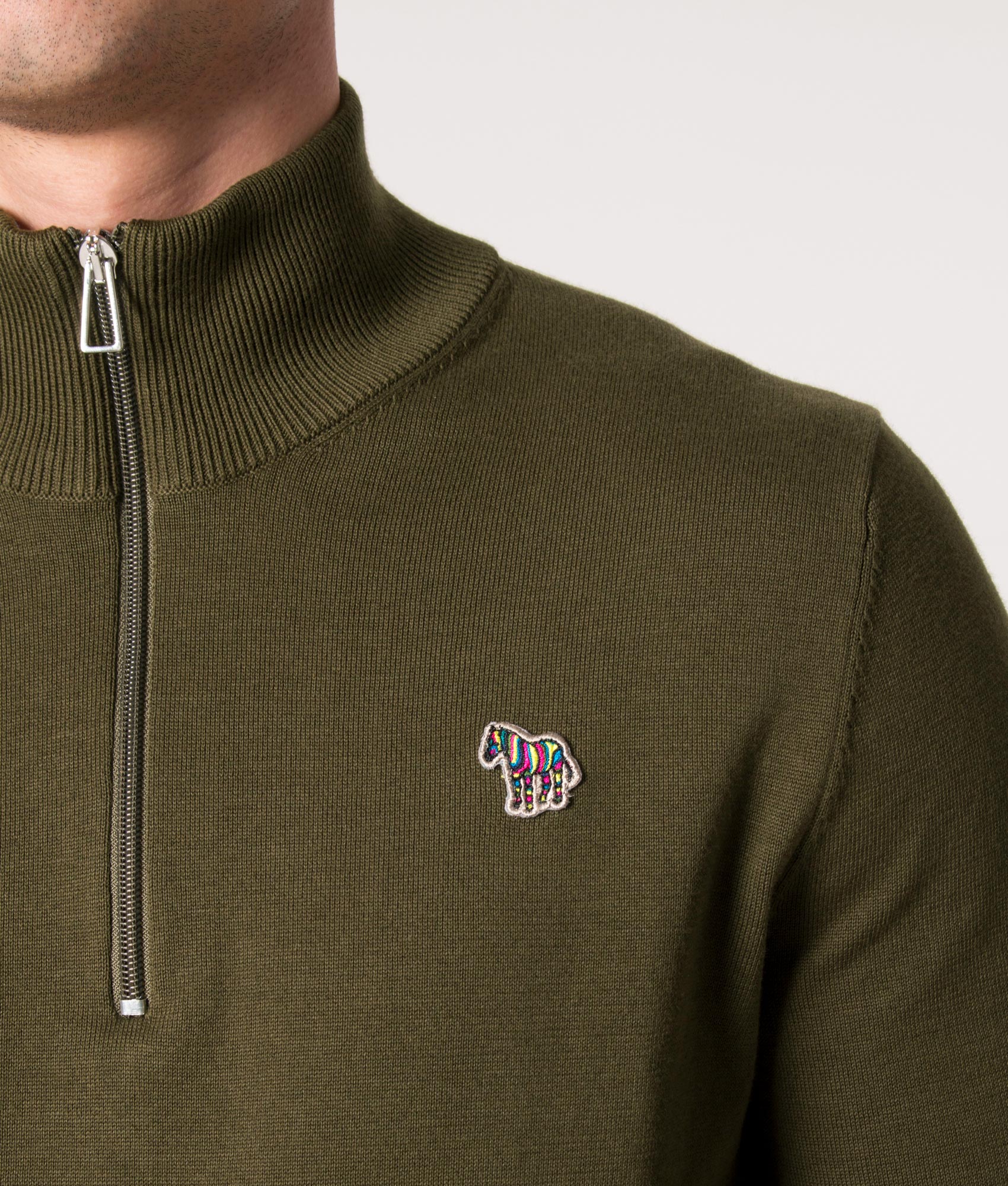 Quarter-Zip-Zebra-Badge-Knit-Olive-Green-PS-Paul-Smith-EQVVS