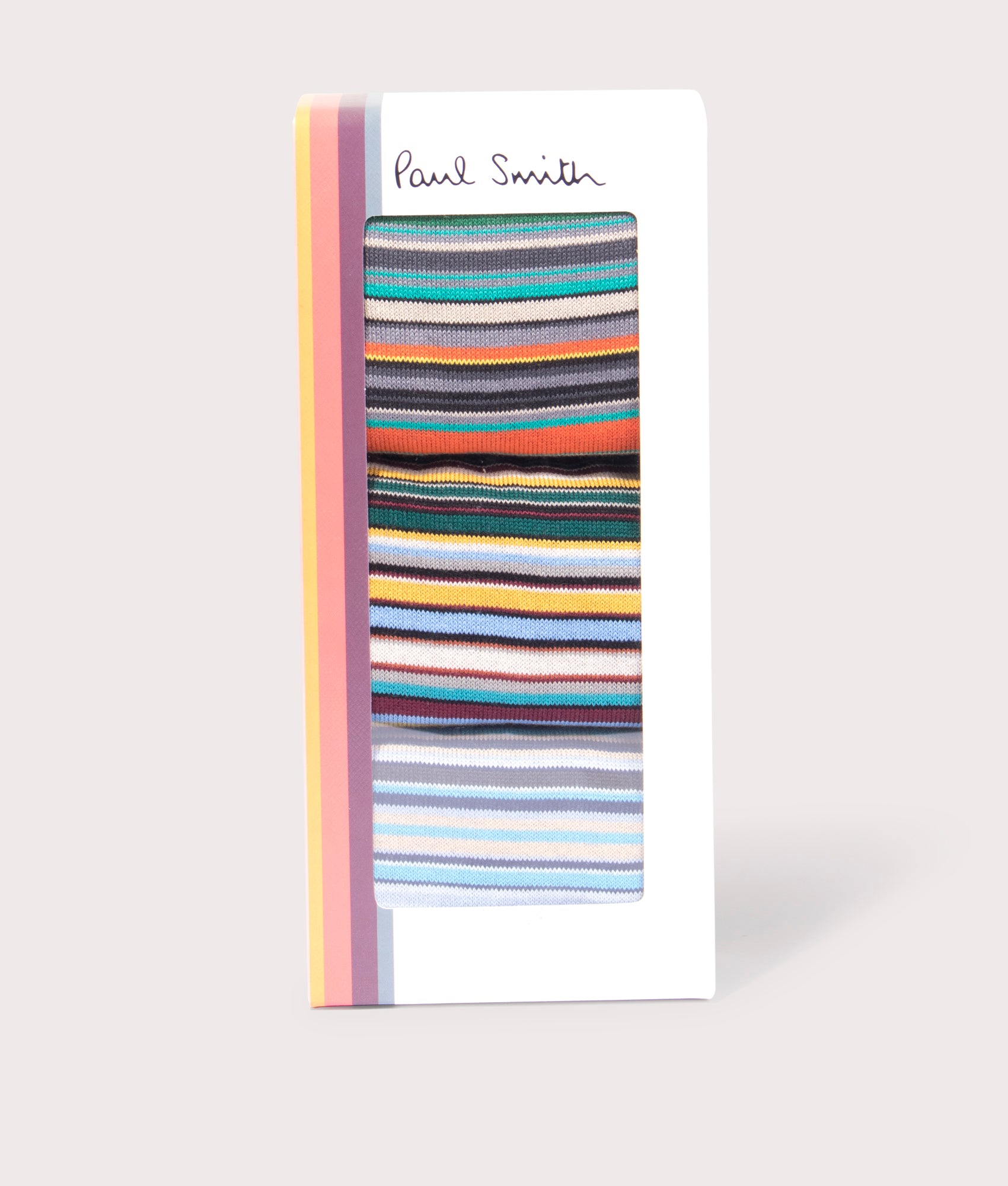 PS Paul Smith 3 Pack of Signature Stripe Socks in Mixed Plate at EQVVS Menswear.  Package shot.