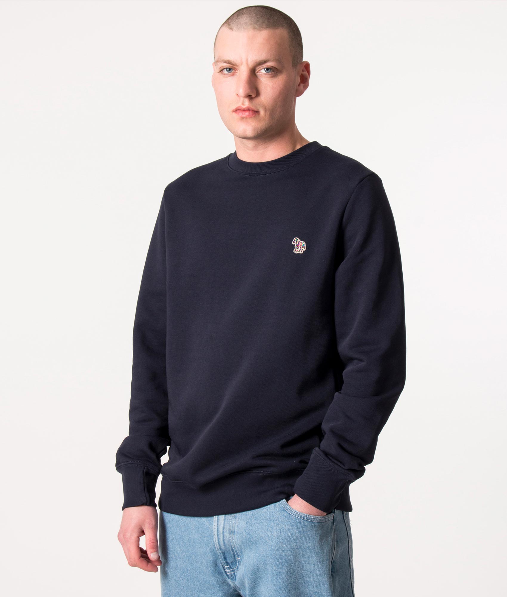 PS Paul Smith Zebra Logo Sweatshirt Very Dark Navy. Model Shot at EQVVS