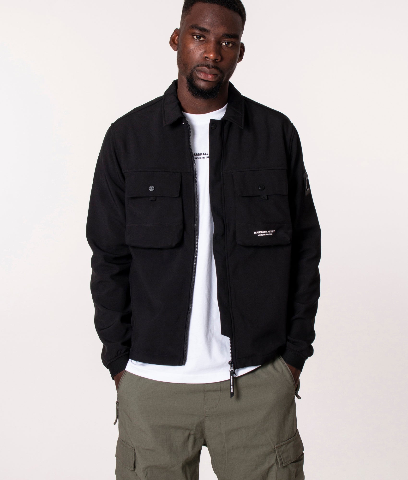 Softshell Overshirt in Black by Marshall Artist at EQVVS Model Front Unzipped