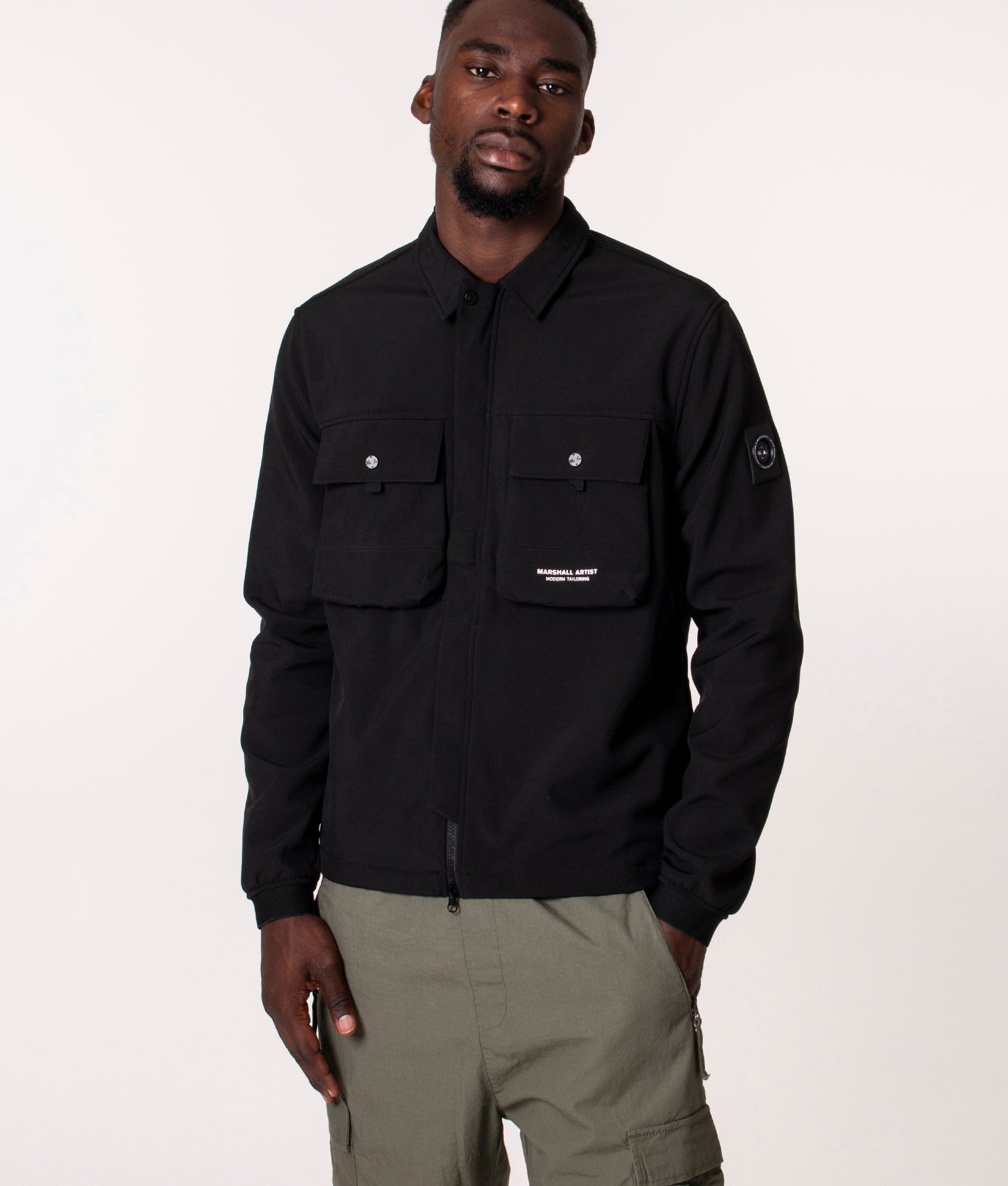 Softshell Overshirt in Black by Marshall Artist at EQVVS Model Front Zipped