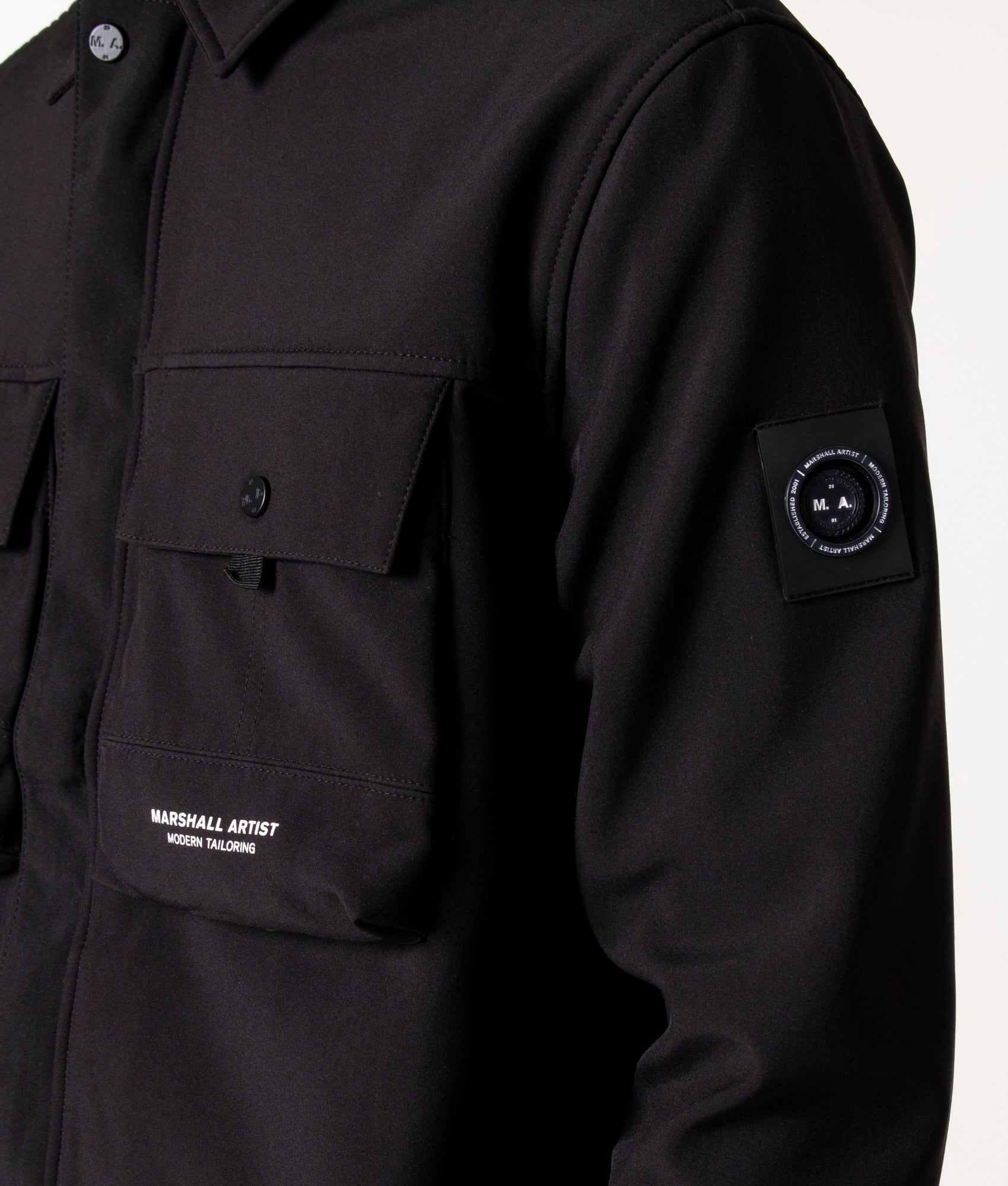 Softshell Overshirt in Black by Marshall Artist at EQVVS Model Angle Sleeve Detail