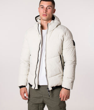 Transalpino Bubble Jacket in Bone by Marshall Artist at EQVVS Model Front Unzipped