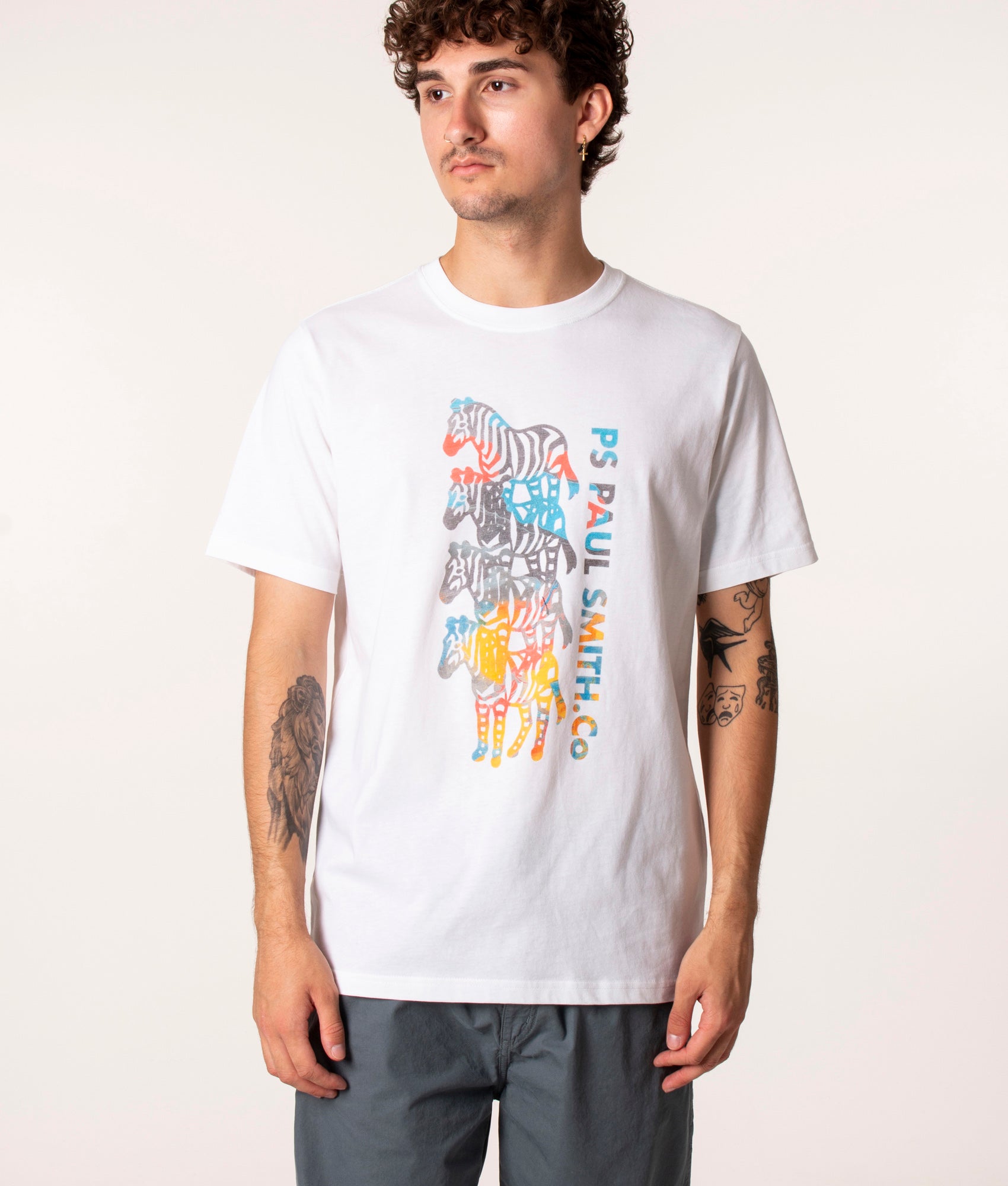PS Paul Smith Four Zebras T-Shirt in White at EQVVS. Model, front. 
