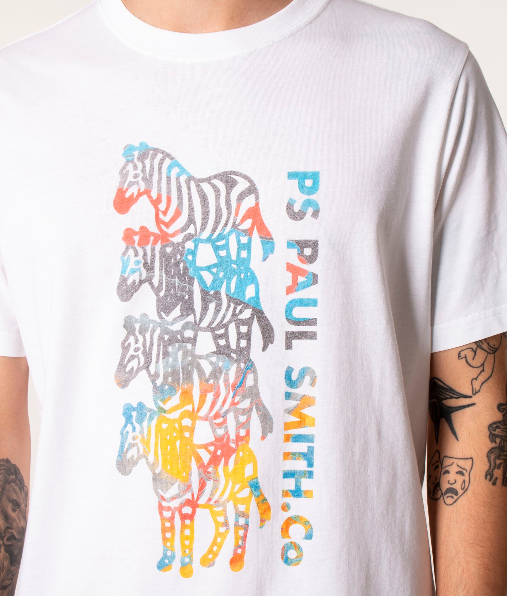 PS Paul Smith Four Zebras T-Shirt in White at EQVVS. Model, detail.