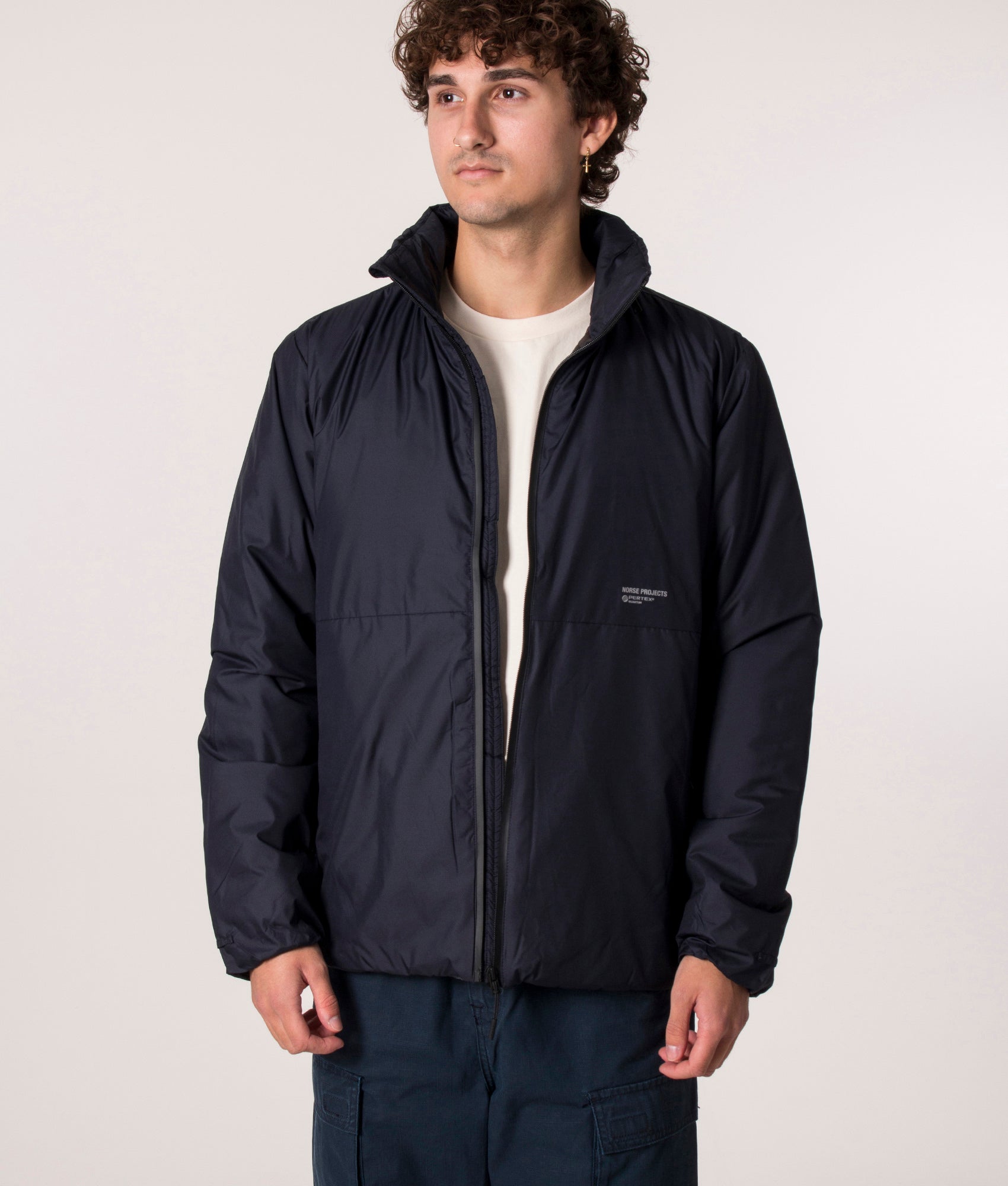 Norse Projects Alta Light Pertex Jacket in Navy Blue, EQVVS. Model, front. 