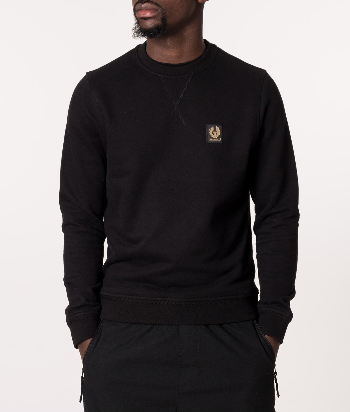 Belstaff Sweatshirt in Black at EQVVS Menswear. Model Front shot.