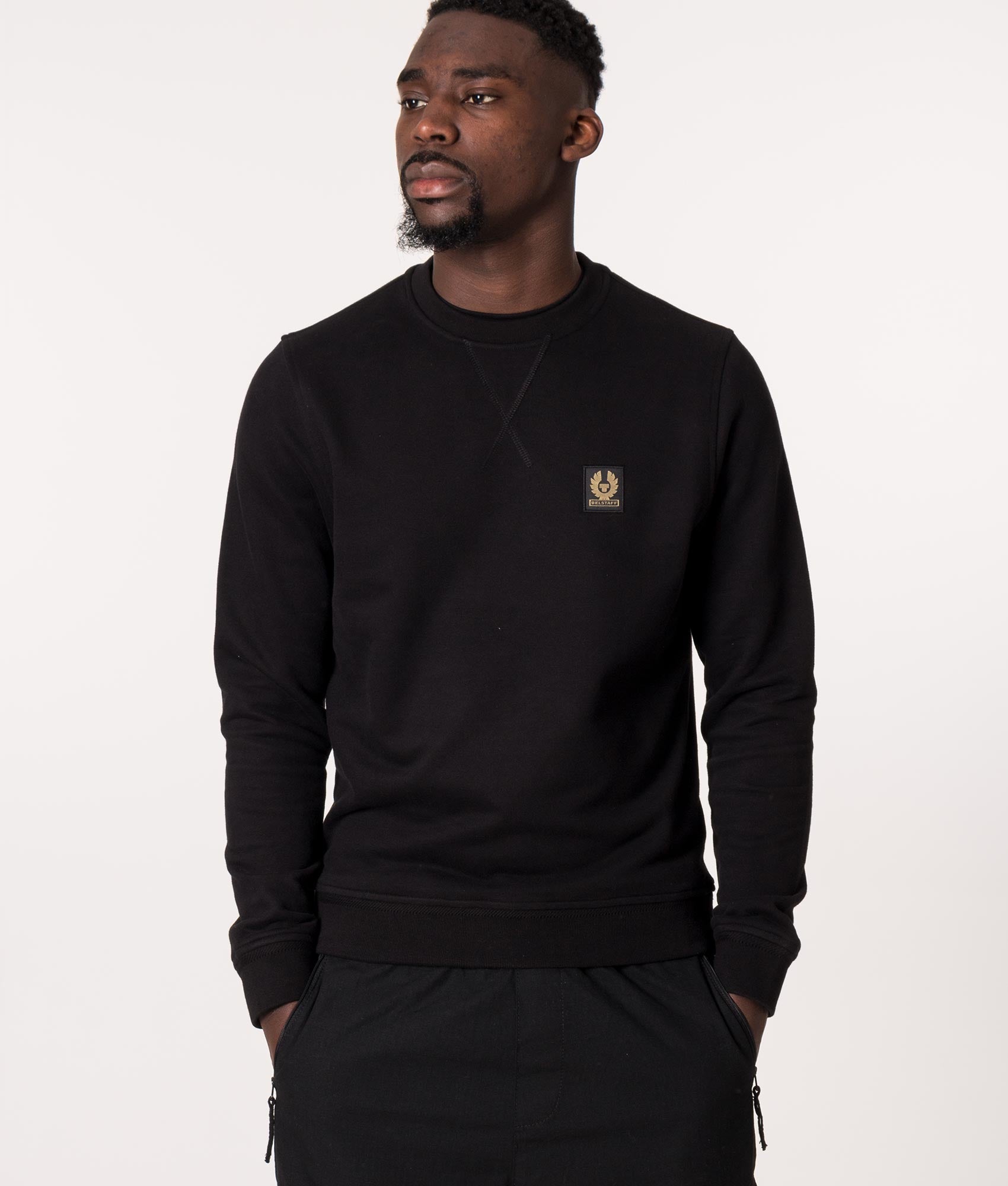 Belstaff Sweatshirt in Black at EQVVS Menswear. Model Front shot.